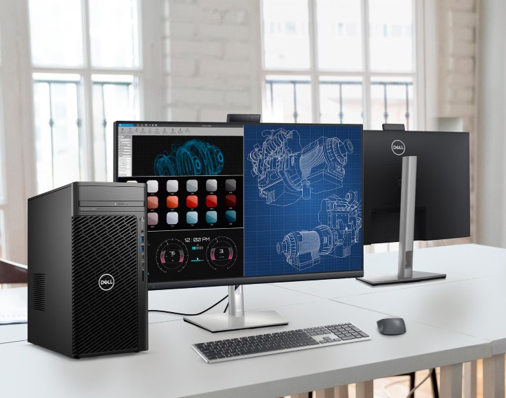 Setup com monitor Dell UltraSharp e dock corporativo.